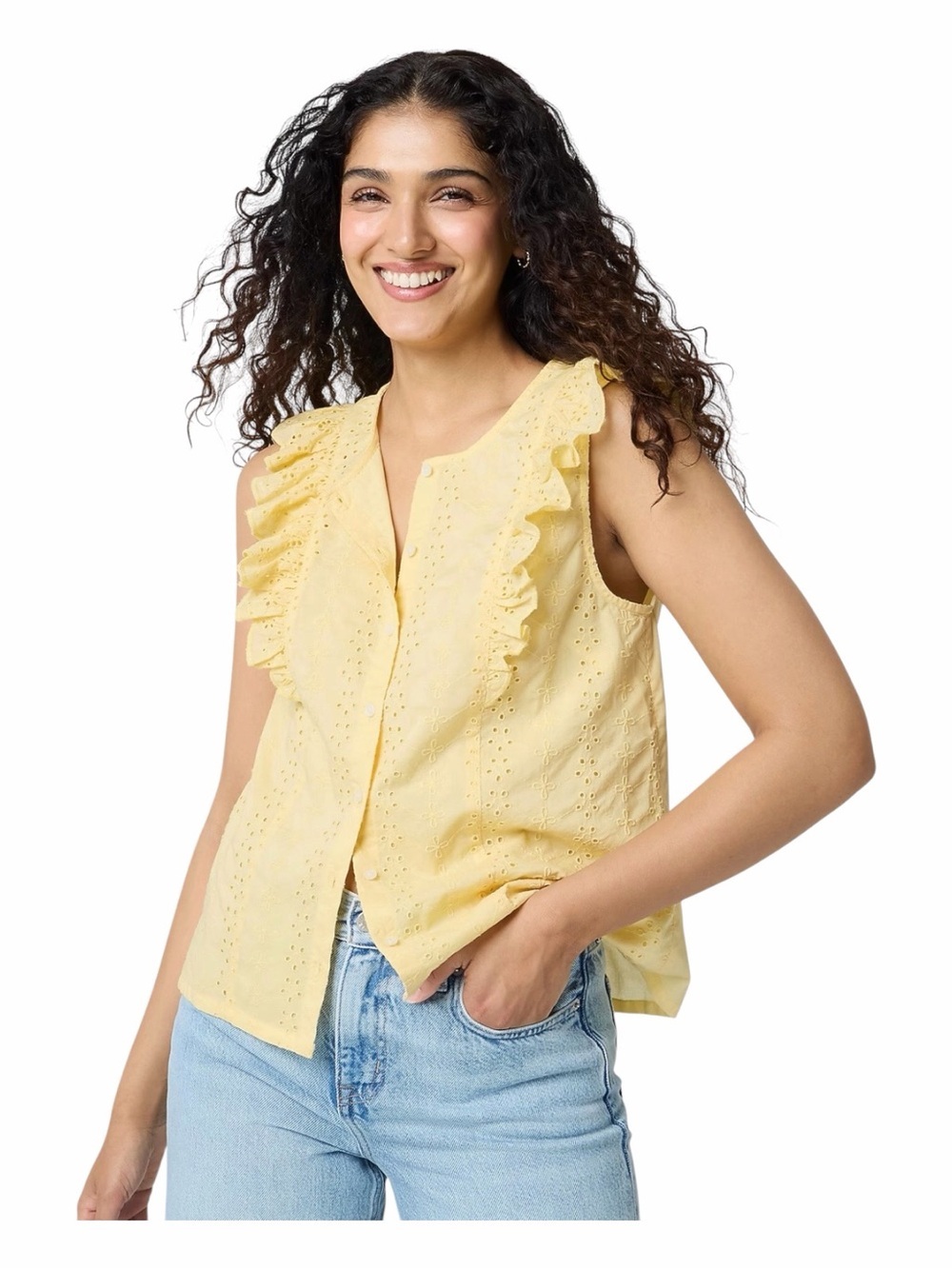 NWT! J. Crew Pale Banana Cotton Eyelet Flutter Sleeve Top. Size Large.